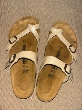 Birkenstock White Cross-Strap Leather Slide Sandals- New, never worn